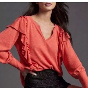 Anthropologie Pilcro Cozy Popover Coral Red Top Size M Ruffle